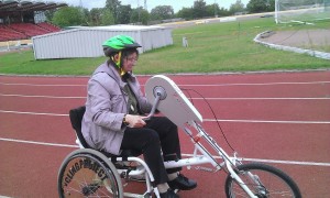 Cindy, halfway through a tough lap on the handcycle