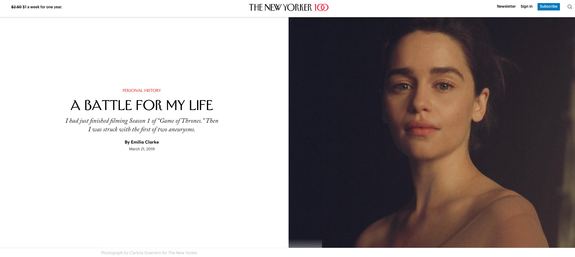Emilia Clarke's article "A Battle for my Life" on The New Yorker