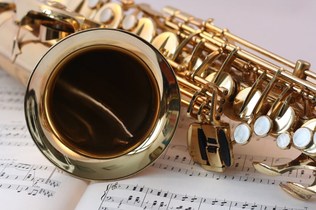 Close-up of a polished gold saxophone