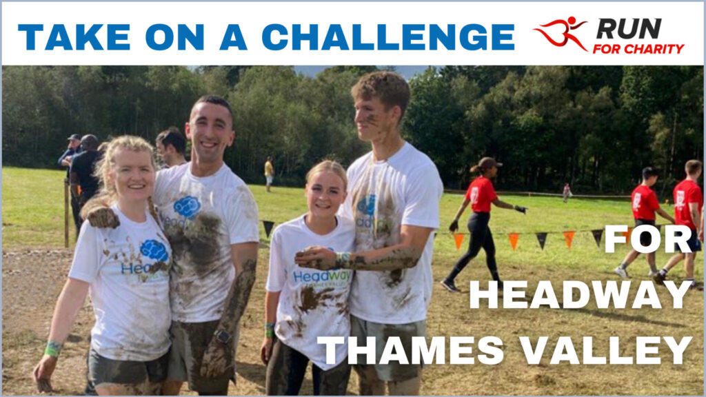 group of people with Headway Thames Valley t-shirts covered in mud after a challenge