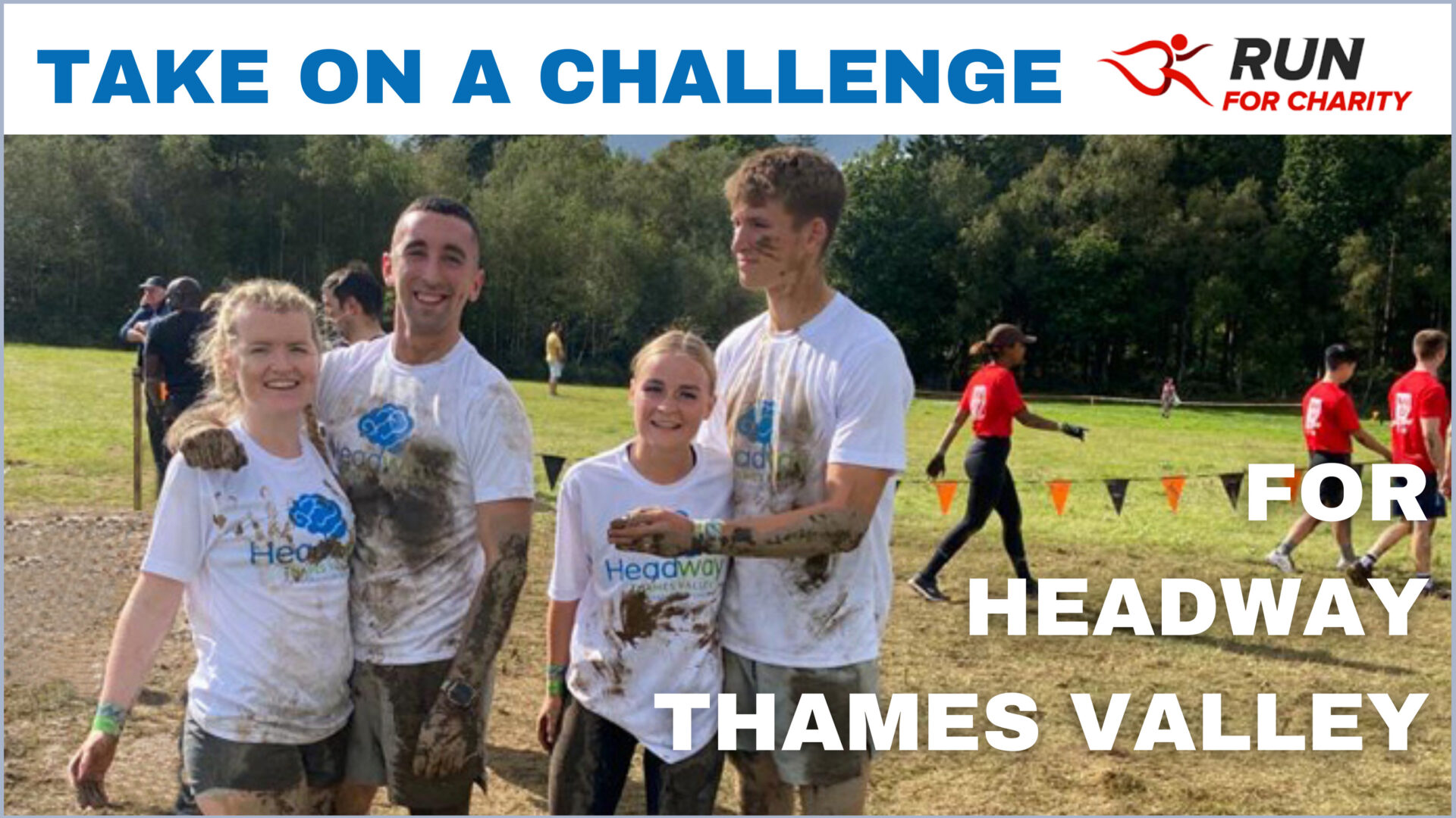group of people with Headway Thames Valley t-shirts covered in mud after a challenge