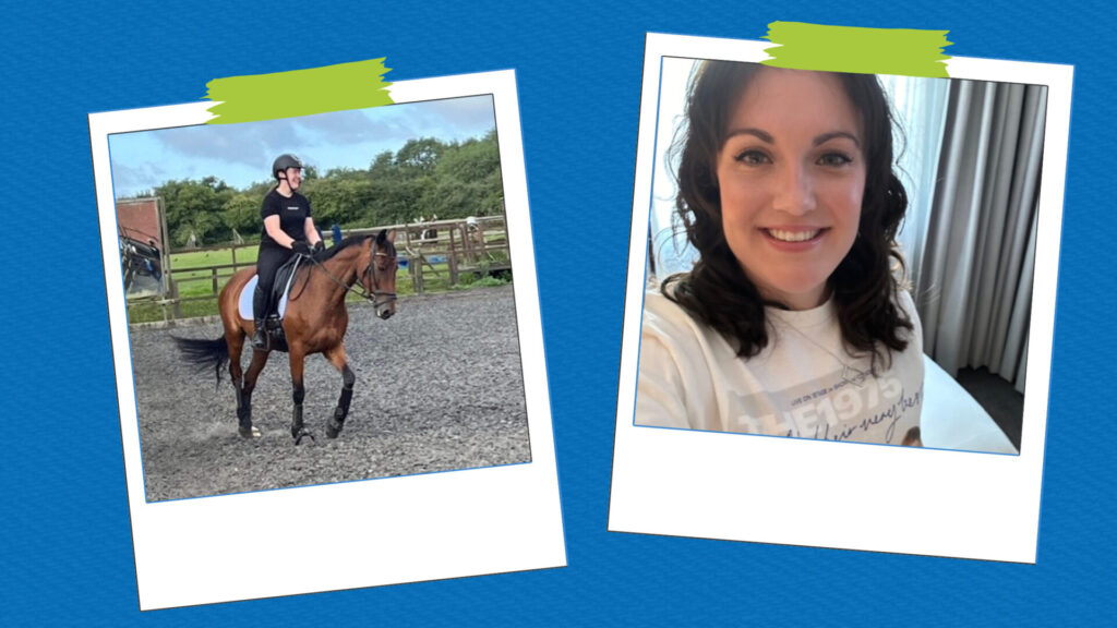 collage of Lucy's selfie and Lucy's riding a horse