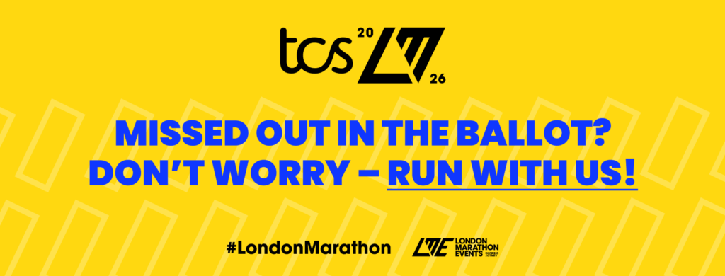 yellow banner with london marathon 2026 logo with text: