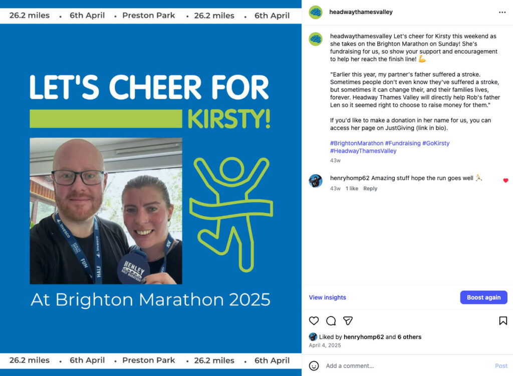 Instagram post for Kirsty's fundraiser for Headway Thames Valley